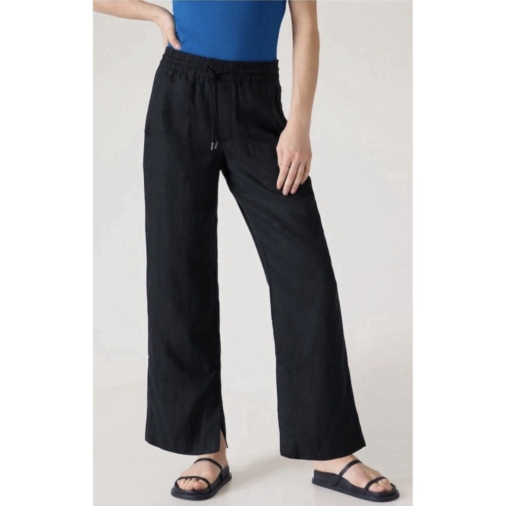Athleta Retreat Wide Leg 100% Linen Pants Size MP Black Travel Comfort Slit Leg